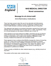 CEM CMO 2020 010: NHS Medical Director: Novel coronavirus: Message for all clinical staff: Anti-inflammatory medications